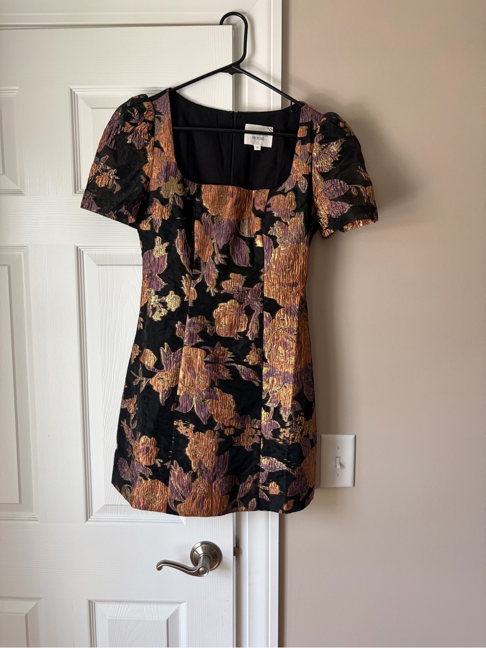 Black Floral Jacquard Mini Dress with Metallic Gold and Purple Accents